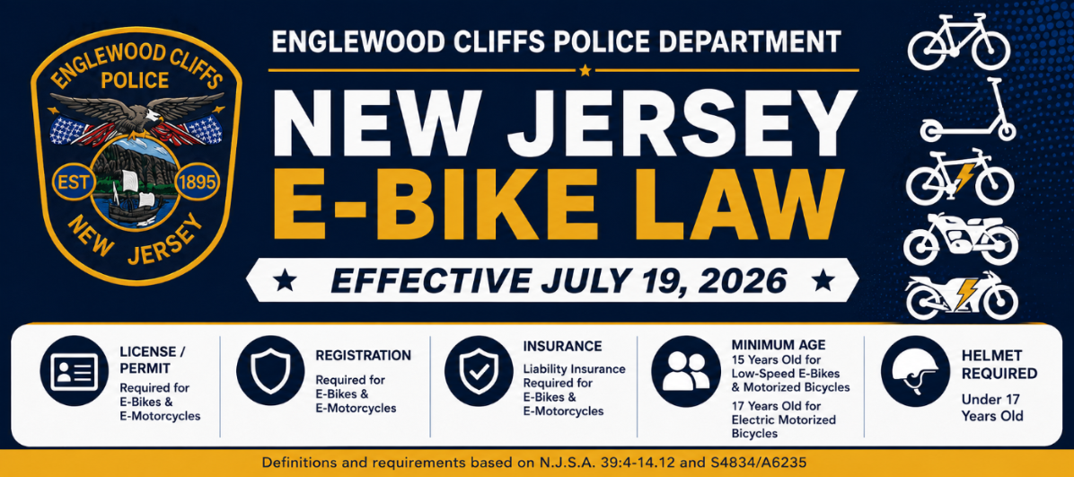 Banner announcing New Jersey's updated E-Bike Law, effective July 19, 2026, from the Englewood Cliffs Police Department.